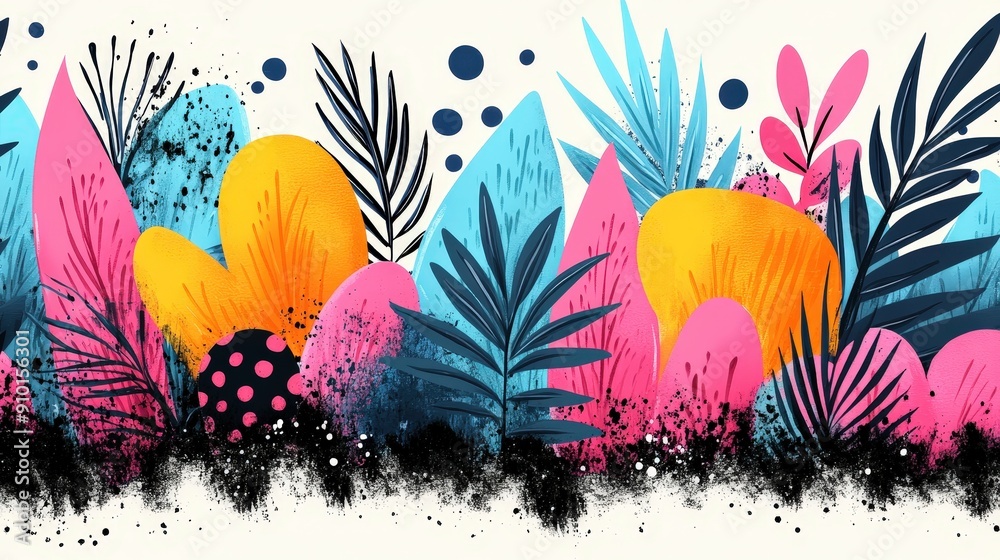 Poster A dynamic composition of colorful tropical leaves and abstract shapes creating a lively and vibrant backdrop enriched with various textures