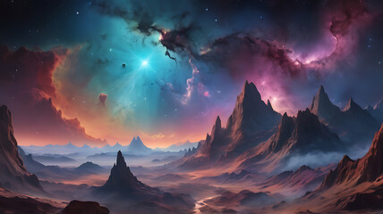 Nebula forming a celestial landscape with mountains and valleys, surreal and expansive