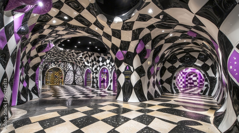 Poster the vibrant space showcases swirling patterns of black, white, and purple, creating a dynamic atmosp