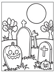 Halloween graveyard coloring page design, Halloween vector design, Halloween  black and white design, 