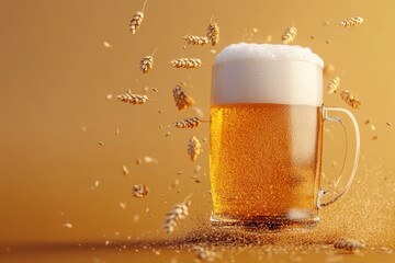 Oktoberfest Bavarian beer mug with a realistic frothy top, surrounded by falling hops and barley, all against a minimal background with space for text, minimal with copy space 