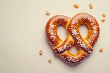 Oktoberfest Bavarian heart shape pretzel with a few scattered sea salt crystals, arranged on a plain background with ample copy space, minimal style with copy space