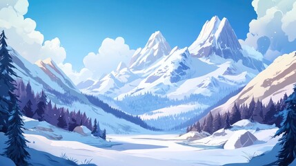 Obraz premium Winter mountain illustration in a cartoon style, showcasing snow-capped peaks and a tranquil setting.