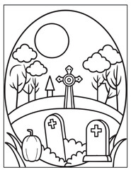 Halloween graveyard coloring page design, Halloween vector design, Halloween  black and white design, 