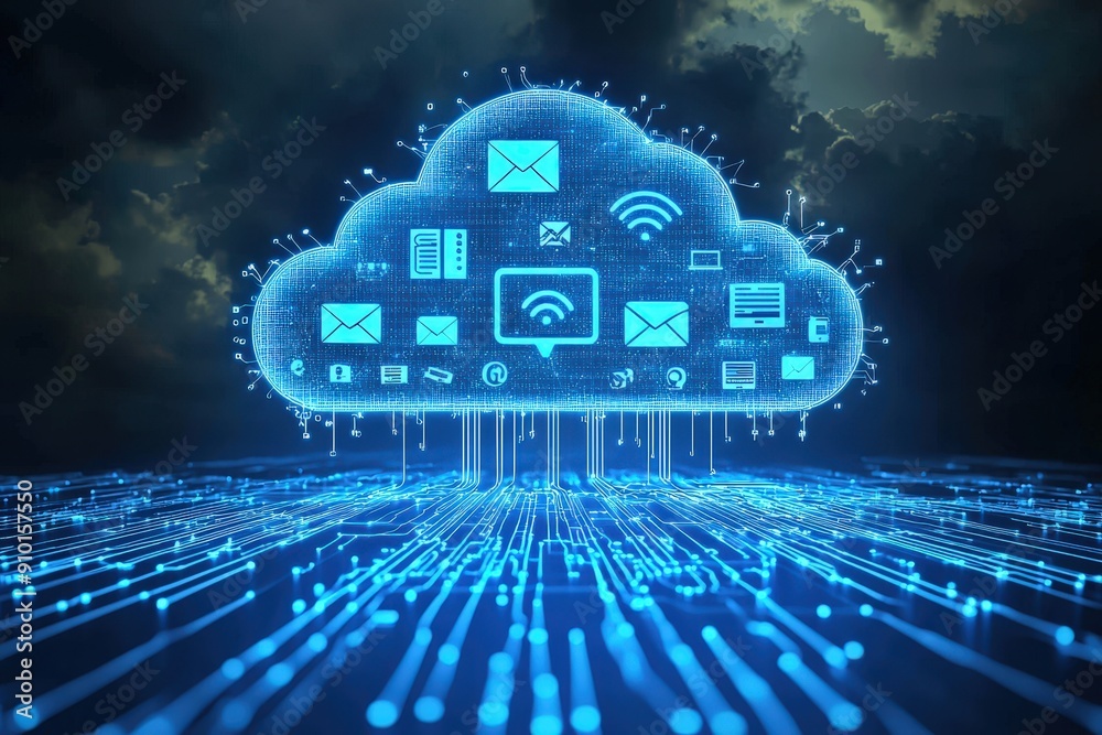Poster A digital representation of cloud computing featuring various communication icons projecting data streams in a dark, moody atmosphere