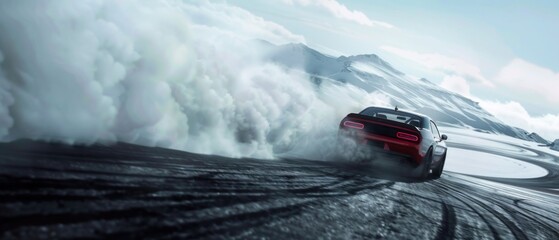 Car Drifting on Snowy Mountain Road. Generative ai.