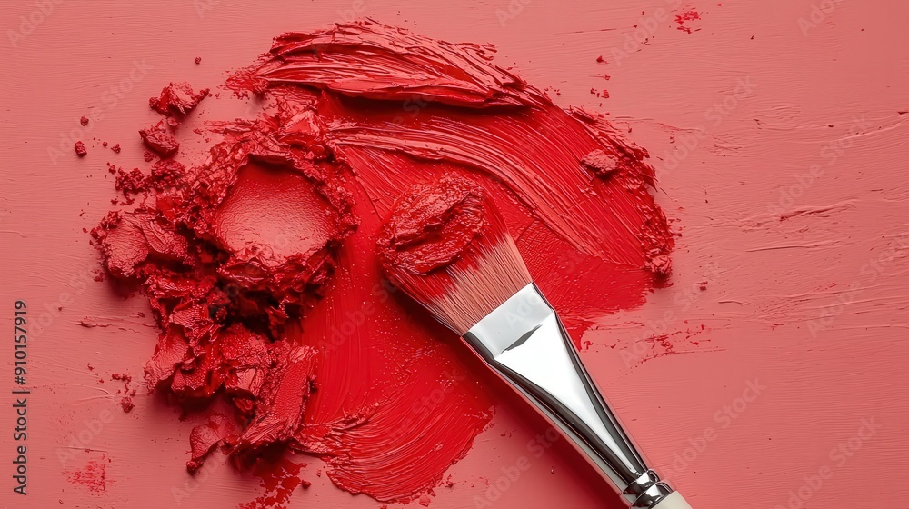 Aufkleber bright red paint swirls around a brush on a smooth pink background, emphasizing the artistic process