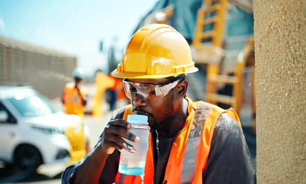 A black construction worker taking a break in the shade, drinking water, and wiping sweat from their face. Working in high temperatures during heatwave