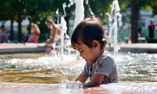A child cooling off at a public fountain in a park during a heatwave, playing in the water with a joyful expression, illustrating a way to cope with extreme heat