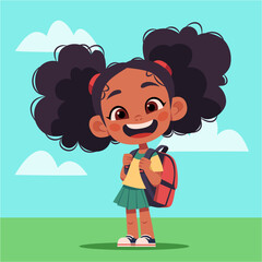 Cute little black girl with a school satchel goes to school. Cartoon vector illustration. Back to school. Summer background with sky clouds and green grass.