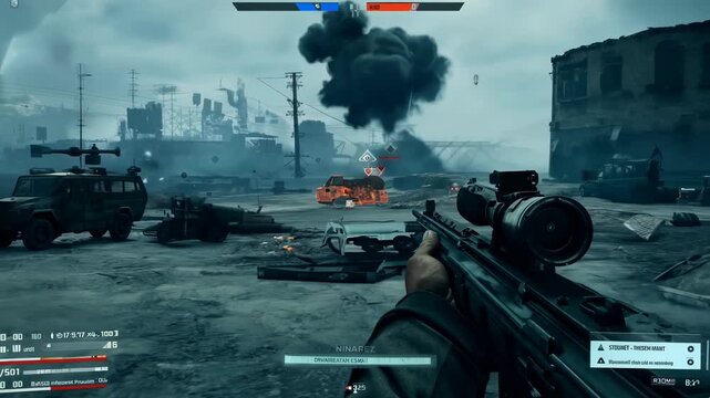 FPS shooting game. First-person shooter. war, aiming, fight, realistic, soldier, past, violence, hiding, graphics, player, excitement, motion, shooting, military, cyberspace, display, enjoyment