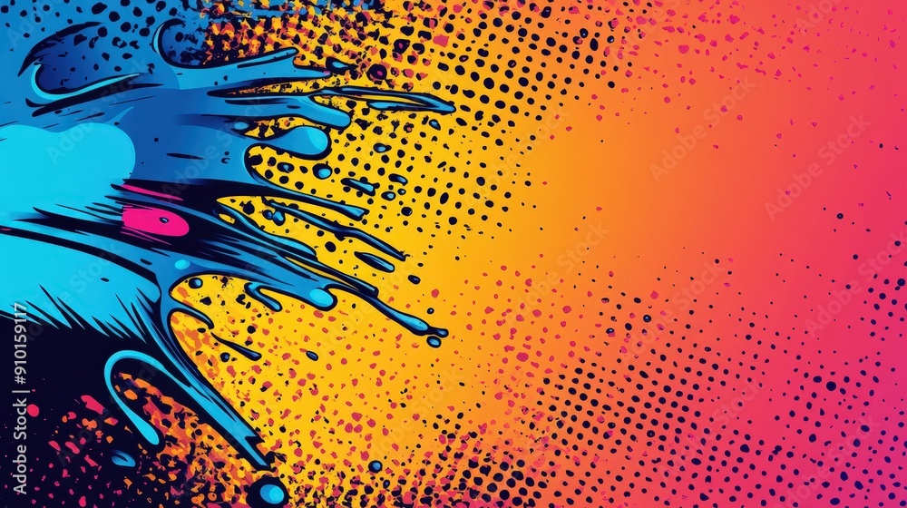 Poster An explosion of vibrant blue paint bursts onto an orange to yellow gradient backdrop, creating a dynamic and eye-catching display of color and movement