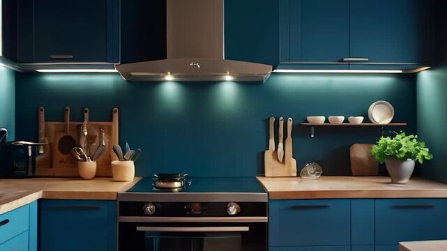 Modern Kitchen with Teal Blue Cabinets, Wooden Countertops, and Under-Cabinet Lighting