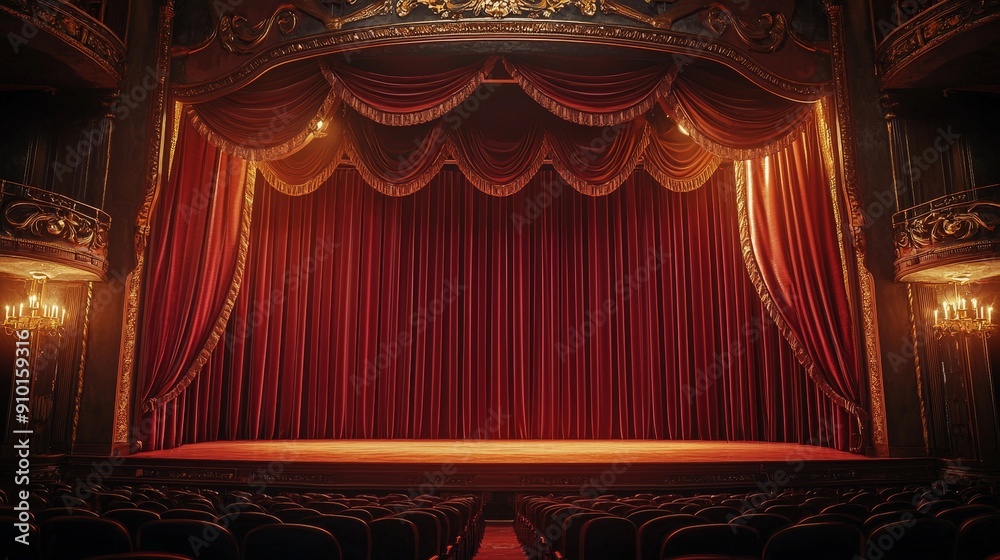 Aufkleber the grand red curtain hangs elegantly, showcasing a stage set for an upcoming performance in a histo