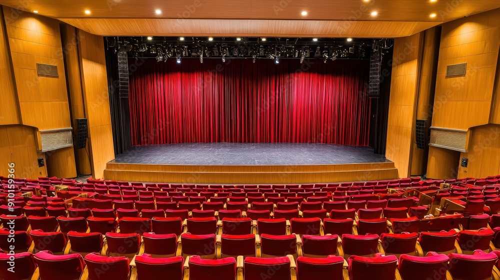 Aufkleber The theater features rich red curtains, plush seating, and soft lighting, creating an inviting atmosphere for a live performance