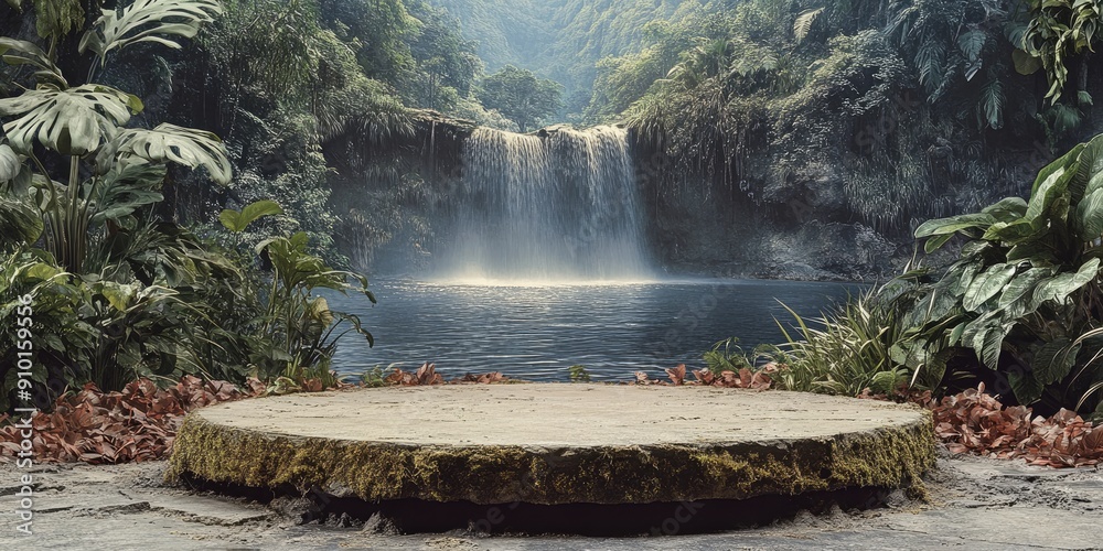 Sticker Stone Platform Beside a Waterfall in a Lush Jungle