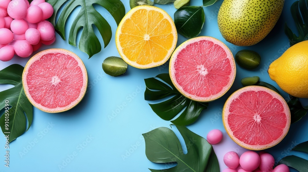 Poster bright citrus fruits and decorative elements arranged beautifully against a light blue backdrop, cre