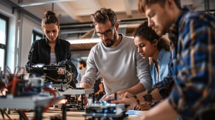Photo of Male teacher helping students while working on robotics project at workshop in school --ar 16:9 --style raw Job ID: 45873fae-036b-4550-a601-05160af22e5d