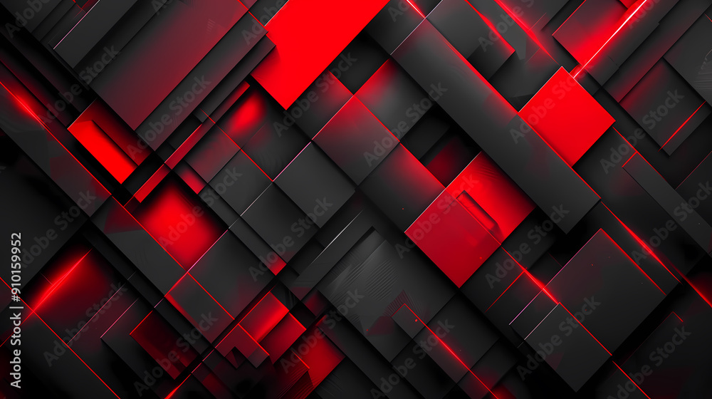 Wall mural Abstract geometric background with overlapping black and red squares, creating a dynamic and modern design. The vibrant red accents pop against the dark background, adding depth and energy to the comp