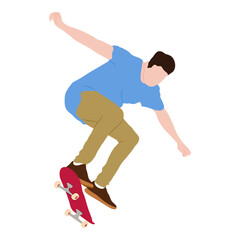 Dynamic silhouette of skateboarder performing mid-air trick. Іmage of skate flip trick. Colored vector illustration of silhouette. Fluid motion and athletic skateboarding skill