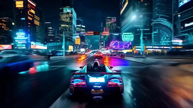 Street racing in the night city, then they go through a futuristic tunnel. illuminated with neon lights. Video Game. Cyberpunk Style. future, speed, 3d, music, glow, driving, motion, movement, game,