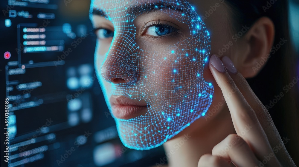 Poster a young woman engages with advanced facial recognition technology, highlighting her expression as di