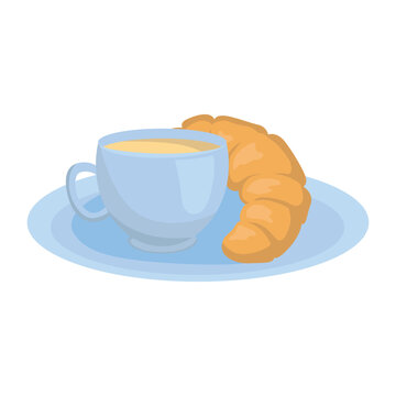 Cup of coffee with crosan in a plate. Breakfast concept. Minimalistic design for menus and stickers. Vector illustration