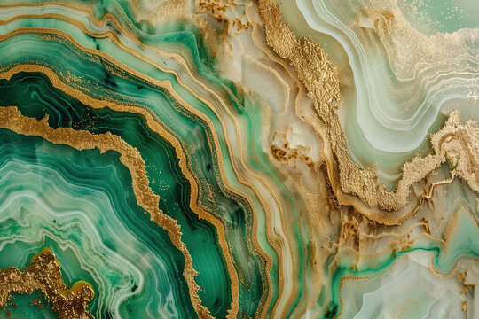 Resin geode background, green and golden colors