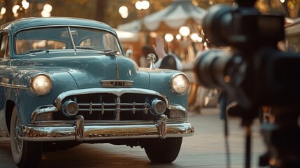 Fototapeta premium A classic blue car parked in a lively outdoor market filled with lights and people, captured during golden hour.