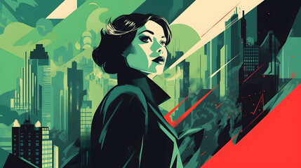 A woman in a city setting, with bold geometric shapes.