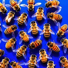 Honey bees on a blue background. The bees are in different positions and are all facing different directions.
