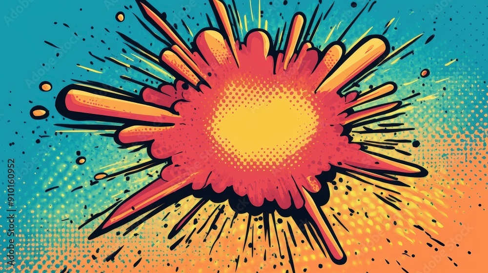 Poster a bold explosion graphic features vibrant colors with a comic book style, creating an energetic and 