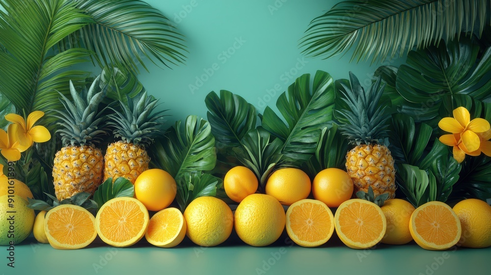Poster A colorful display of pineapples and oranges surrounded by lush green leaves and fragrant yellow flowers, creating a vibrant tropical atmosphere