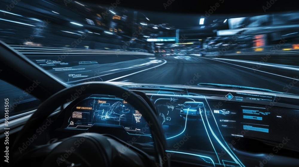 Aufkleber the interior of a high-tech car displays an advanced digital dashboard while speeding on a nighttime