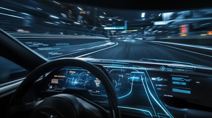 The interior of a high-tech car displays an advanced digital dashboard while speeding on a nighttime racing track.