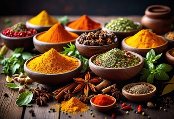 vibrant display diverse spices herbs colorful arrangement showcasing rich textures varied forms, aesthetic, allure, aromatic, botanicals, bunch, collection