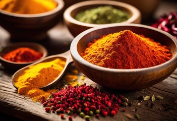 vibrant colorful spices displayed creatively under natural light artistic arrangement, appeal, attractive, bowl, bright, composition, contrast, cooking