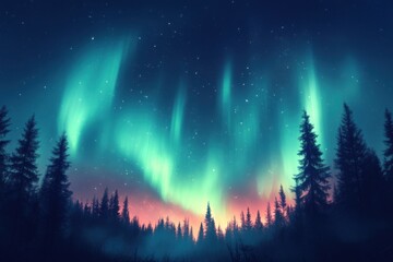 Naklejka premium Northern Lights illuminating pine trees beneath a starry sky