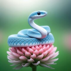 Fototapeta premium Close-up of a small blue snake with a white belly standing on a beautiful flower