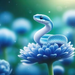 Fototapeta premium Close-up of a small blue snake with a white belly standing on a beautiful flower