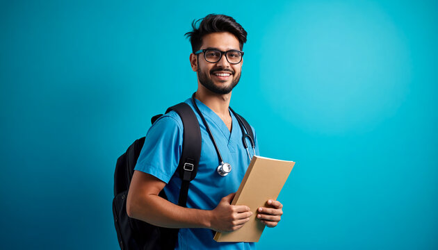 Indian Male Medical Student Smiling with Books and Bag. Future Doctor Concept