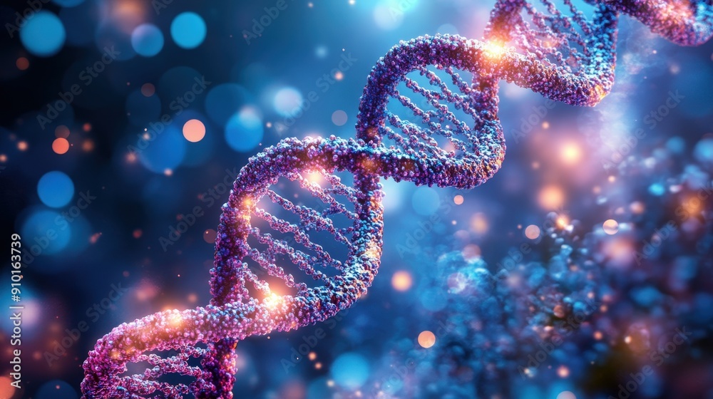 Poster a vibrant representation of dna showcases its double helix structure illuminated by colorful lights,