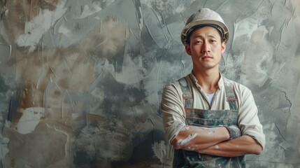 Skilled worker in dusty overalls standing confidently in front of an abstract textured wall
