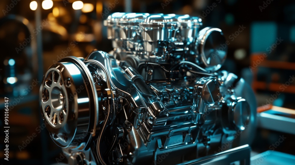 Aufkleber a shiny, high-performance engine is showcased in a well-lit automotive workshop, emphasizing its det