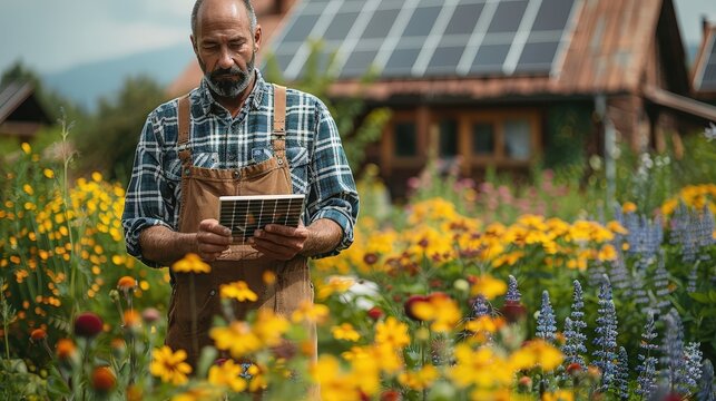 Bearded farmer in overalls using digital tablet in blooming flower field near house with solar panels
