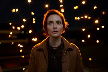 A woman stands in the dark and in the background there are light bulbs that shine with a warm color. She is wearing a jacket and has short hair.