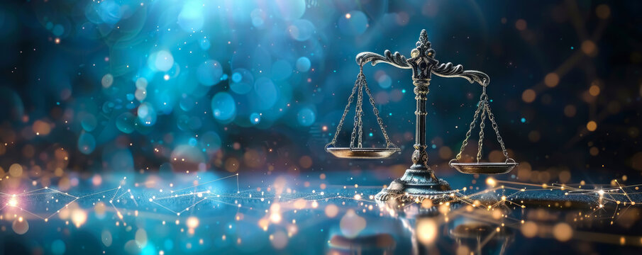 A digital interface displaying the scales of justice hovering over a transparent grid with floating data points and legal symbols.