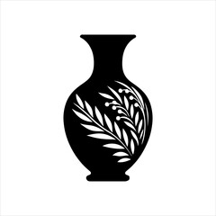 Subject shot of a grey ceramic glossy vase decorated with a glaze. The designer vase with serrated relief surface is isolated on the white background.