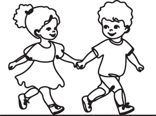 continuous single line drawing of toddler girl and boy running hand in hand, line art vector illustration