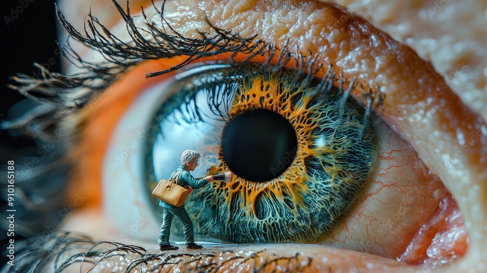 Aufkleber a miniature figure inspects the vibrant colors and patterns within a human eye, showcasing the fasci
